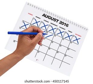 Left Hand Cross Out Dates  (One To Ten) On August 2016 Calendar Isolated On White Background