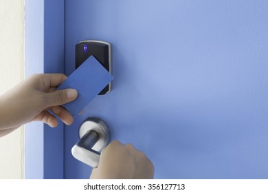 Left Hand Hold Key Card Touch On Black Electronic Pad Lock Access Control With Right Hand Turn Stainless Steel Door Handle On Blue Door