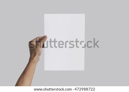 Left hand holding A4 paper in the left hand. Leaflet presentation. Pamphlet hand man. Man show offset paper. Sheet template. Book in hands. Booklet folding design. Fold paper sheet display read.