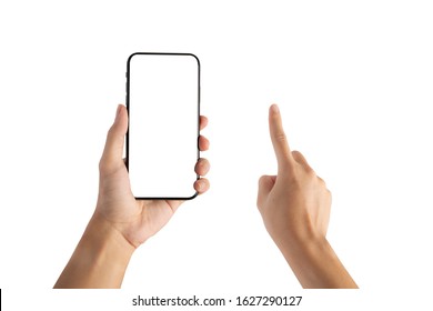 left hand holding smartphone blank screen and right hand point or touch isolated on white background with clipping path.