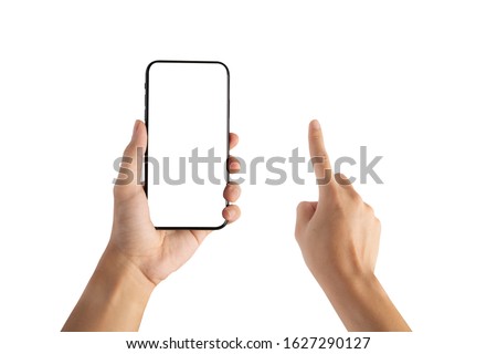 left hand holding smartphone blank screen and right hand point or touch isolated on white background with clipping path.