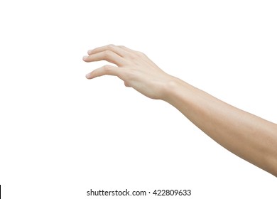 Left Hand Of A Man Trying To Reach Or Grab Something. Reaching Out To The Left. Isolated On White Background