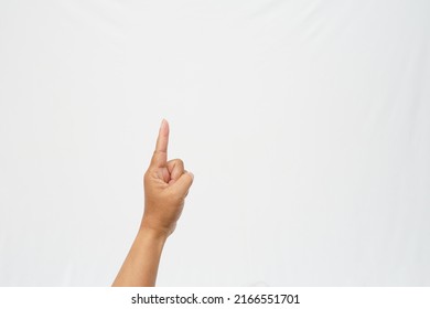 Left Hand With Straight Index Finger And Other Bent Finger As Number One Symbol On White Background