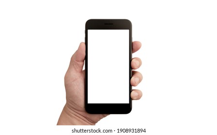 The Left Hand Of A White Man Holding A Black Mobile Phone Or Cellphone And A White Screen For Mockup Content At An Isolated Or Cutout White Background With A Clipping Path.