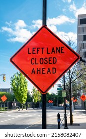 Left Lane Closed Ahead Sign
