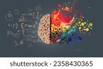 Left right human brain concept. Creative part and logical part with social and business part. Creative art brain explodes with paint splatter. Mathematical successful mindset with formulas.