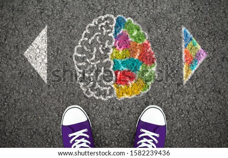 Left Right Human Brain Concept. Creative and logic hemisphere. Top view illustration on the asphalt road