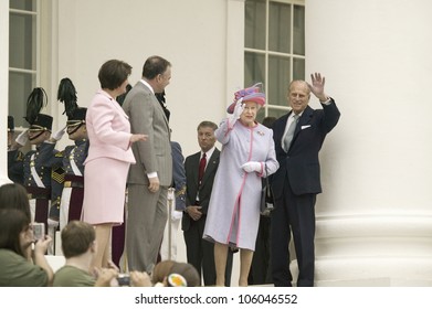 From Left To Right, Virginia First Lady Anne Holton, Governor Timothy M. Kaine, Her Majesty Queen Elizabeth II And Prince Philip Waving, Richmond Virginia, May 3, 2007