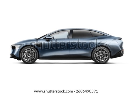 Left side view of a blue colored modern electric car on a white background
