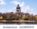 Left side view of the Legislative building of Saskatchewan province, Canada, located in Regina. 