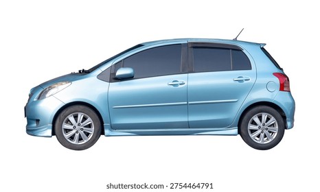 Left side view of mini or small blue sports hatchback car is isolated on white background with clipping path.