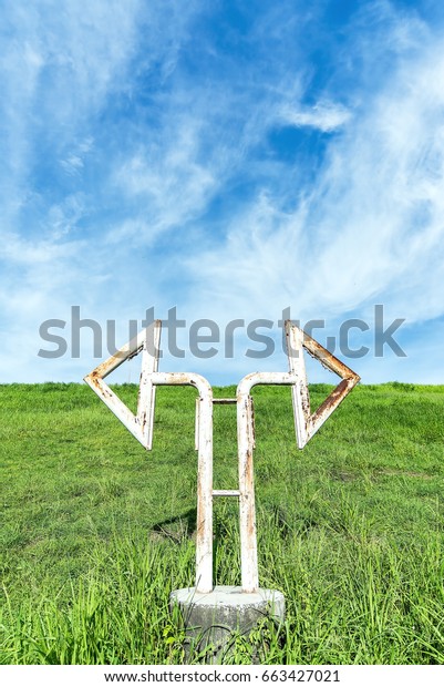 Left turn sign, turn right grass, green background\
and blue sky.