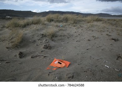 Lefted Life Vest On The Coastline In Gokceada Canakkale Turkey 29.12.2017