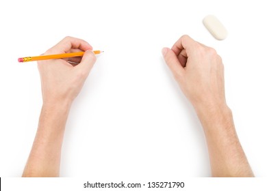 Left-hander with pencil writing something. Isolated on white