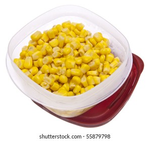 Leftover Corn In A Plastic Container Isolated On White.