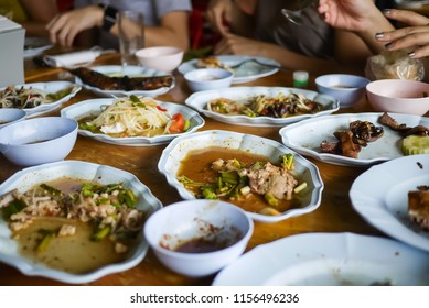 Leftover Food After Meal At Restaurant. Food Waste Is A Huge And Growing Environmental, Financial, And Social Problem Globally. Consumers Need More Social Responsibility And Social Sustainability Mind