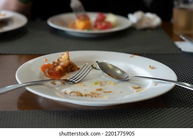 The Leftovers After Breakfast In A Restaurant.