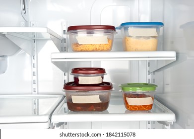 Leftovers In A Refrigerator With Blank Tape For Copy.