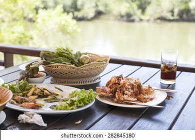   Leftovers  Shrimp After Lunch, In A Restaurant Near The River Sea View