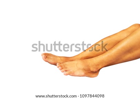 leg of Asian man is reach out in relax gesture isolated on white background