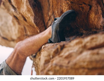 Leg Of Man Climbing Rock, Mountain Or Stone For Workout, Adventure Or Exercise. Bouldering, Sport And Fitness Of Male Climber Training Outside, Countryside Or Nature Mountaineering, Hiking Or Climb.