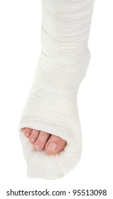 Leg In A Plaster Cast On A White Background