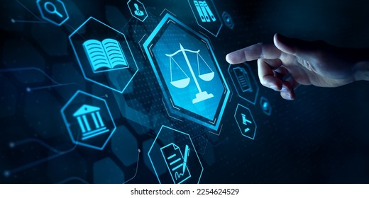 Legal advice for digital technology, business, finance, intellectual property. Legal advisor, corporate lawyer, attorney service. Laws and regulations. Finger touching button with justice scale icon. - Shutterstock ID 2254624529