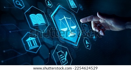 Legal advice for digital technology, business, finance, intellectual property. Legal advisor, corporate lawyer, attorney service. Laws and regulations. Finger touching button with justice scale icon.