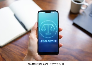 Legal Advice Icons On Mobile Phone Screen. Attorney At Law, Consultation, Supprot. Business Concept.