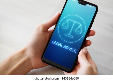 Legal Advice Icons On Mobile Phone Screen. Attorney At Law, Consultation, Supprot. Business Concept.