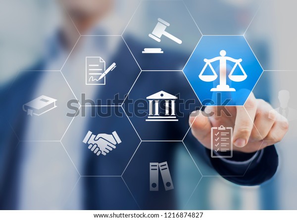 Legal advice service concept with\
lawyer working for justice, law, business legislation, and\
paperwork expert consulting, icons with person in\
background