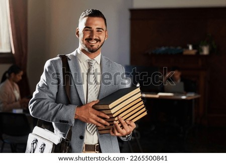 Legal books, happy portrait and man research law firm, office management or justice learning study. Financial advisor, knowledge and lawyer smile, Portugal government consultant or attorney education