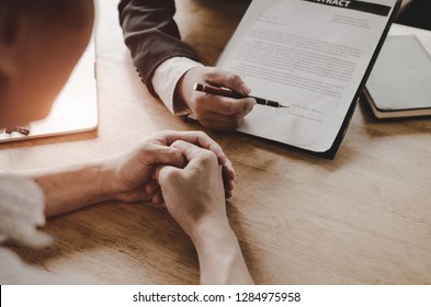 Legal Consultants, Notary Or Justice Lawyer Discussing Contract Document On Desk With Client Customer In Courtroom Office, Business, Justice Law, Insurance, Legal Service, Buy And Sell House Concept