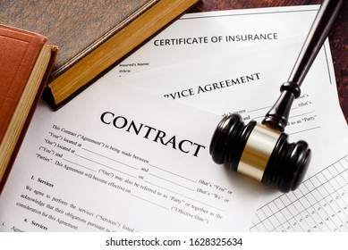 Legal Contracts Are Subject To Commercial Disputes Resolved In The Courts Of Justice, Contract With Gavel.