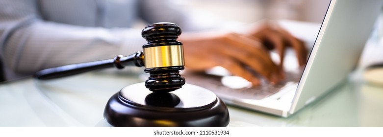 Legal Court Technology. Law Trial Tech And Laptop