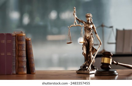 Legal and law concept. Statue of Lady Justice with scales of justice and wooden judge gavel on wooden table. Panoramic image statue of lady justice.