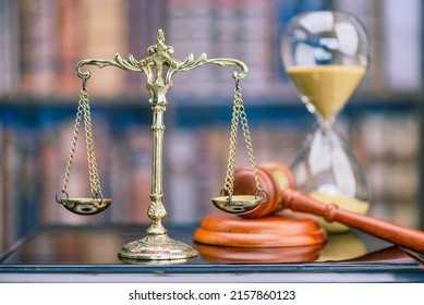 Legal Office Of Lawyers, Justice And Law Concept : Retro Balance Scale Of Justice On A Desk In A Courtroom, Depicting Giving Fair And Objective Consideration To All Evidence, Without Showing Bias.