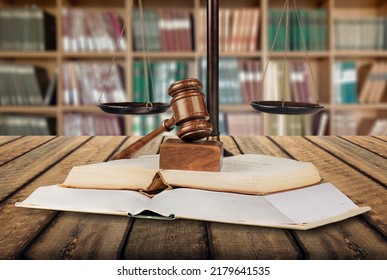 Legal office of lawyers, justice and law concept, scale of justice on a desk in a courtroom, - Shutterstock ID 2179641535