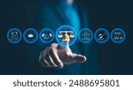 Legal Professional with Justice Icons. A suited legal professional touches virtual icons symbolizing law, justice, and legal services. business legislation, Notary public, legal advice online, Lawyer,