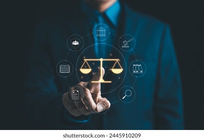 Legal Professional with Justice Icons. A suited legal professional touches virtual icons symbolizing law, justice, and legal services. business legislation, Notary public, legal advice online, Lawyer