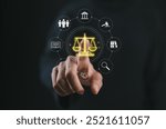 Legal Professional with Justice Icons. A professional touches virtual icons symbolizing law, justice, and legal services. Business legislation, Notary public, legal advice online, Lawyer