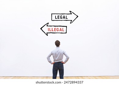 Legal vs illegal concept, follow the rules and laws, business man looking at two direction arrows - Powered by Shutterstock