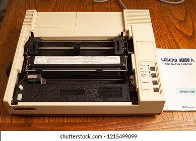 Legend 1980s Dot Matrix Printer. Kitchen Wood Table Inside A Private Apartment. Italy Europe