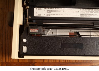 Legend 1980s Dot Matrix Printer. Kitchen Wood Table Inside A Private Apartment. Italy Europe