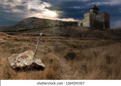 Legend Of King Arthur And His Escalibur Sword Thrown Into Stone, Against The Backdrop Of A Knight S Castle, Collage