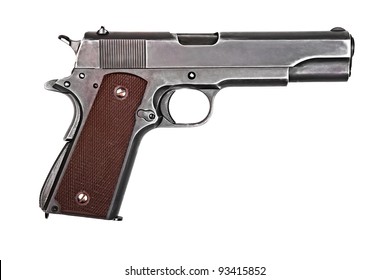Legendary U.S. Army handgun Colt 1911A1 isolated on white background. Military model (gray color).
