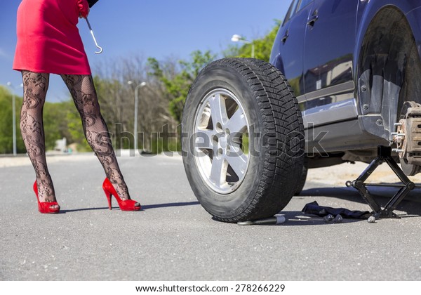 Leggy Female Changing Wheel Car Lady Stock Photo 278266229 | Shutterstock