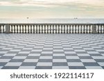 Leghorn, Tuscany Italy. Mascagni Terrace. Terrazza Mascagni, is a square overlooking the sea, with its very special black and white checkered floor.