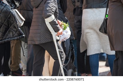 Legionowo, Poland - April 16, 2022: Blessing Food In Front Of The Church. Christian Tradition For Easter. People With Baskets In Front Of The Church.