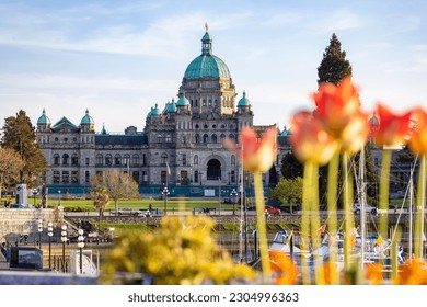 Legislative Assembly of British Columbia in the Capital City during a sunny day. Downtown Victoria, Vancouver Island, BC, Canada. Sunset